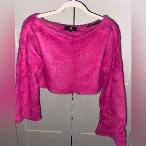Pink cropped off the shoulders fur sweater